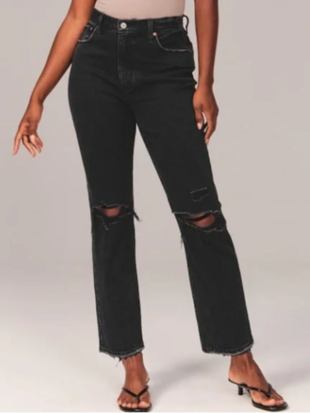 Abercrombie & Fitch Curve Love Ultra High Rise Ankle Straight (Black Destroy)